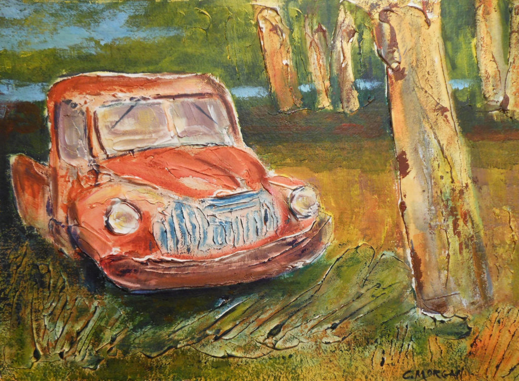Mr. Rock's Old Red Truck, Acrylic Mixed Media by Carrol Morgan - Size 11in x 15in (October 2016)