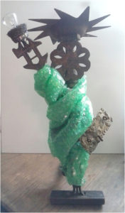 Ms. Liberty, Found Object Sculpture by Pam Weldon - Size 18in x 6in x 4in (March 2017)