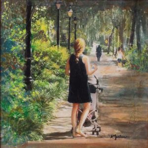 Walk in the Park, acrylic over photo collage by Karen Julihn,  12in x 12in (September 2016)