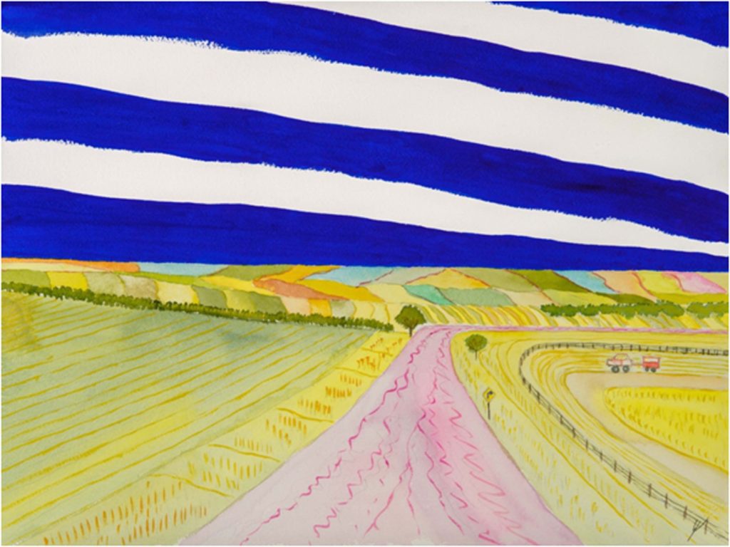 HONORABLE MENTION: Curve and Fields, North Dakota, Watercolor by Bro Halff- Size 12in x 16in (July 2016)