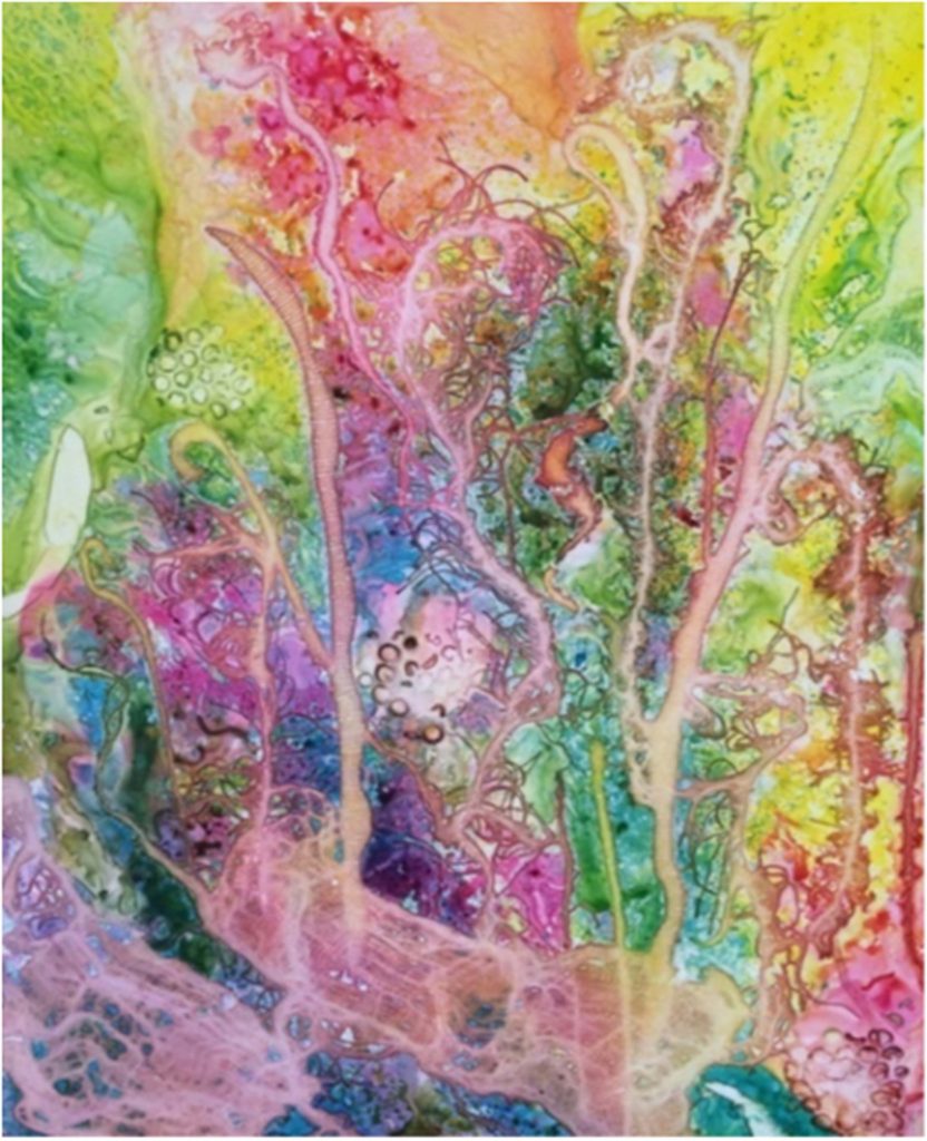 HONORABLE MENTION: Groovy, Watercolor on YUPO by Patty O'Brien- Size 32in x 26in (July 2016)