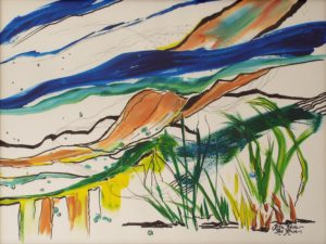Hillside, Acrylic and Ink by Rita Rose and Rae Rose- Size18in x 24in Framed 21in x 27in (July 2016)