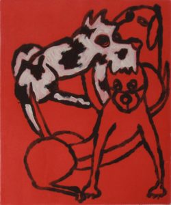 Red Dog Pack, Hand-painted Monoprint by Susan Garnett- Size 12in x 10in Framed 20in x 16in (July 2016)