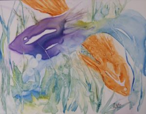 One Fish Two Fish, Watercolor on Yupo by Rita Rose Apter and Rae Rose Cohen (June 2012)