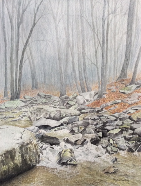 Misty Creek, watercolor by Phyllis Northup, 15x11, $575 (October 2017)