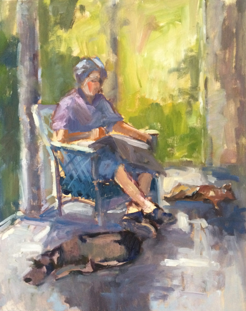 Reading on the Side Porch, oil on canvas by Nancy Brittle, 24"x18", $695 (October 2017)
