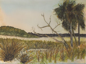 Georgia Marchland, Looking West, Watercolor over Fiber by Kathleen King Mullins, Size 11.75in x15.75in, Framed 16in x 20in, Price $175 (September 2017)