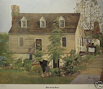 A Limited Edition reproduction print by renowned artist Bueno Silva of the Historic Silversmith House. Silva created the original oil painting in 1987 to celebrate the 25th anniversary of the Fredericksburg Center for the Creative Arts (FCCA) which has been headquartered in the Silversmith House since 1962.   22 ½” wide x 19 ½” high 