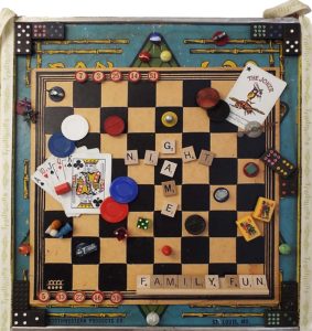 Game Night, Assemblage Art by Joan Powell, 18in x 17in, $275 (Dec. 2017-Jan.2018)