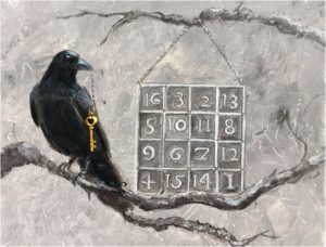 The Crow and Durer's Magic Square, Mixed Media by Iryna Hamill, 11in x 14in, $165 (Dec. 2017-Jan.2018)