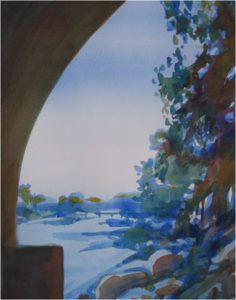 Under the CSX Bridge, Watercolor by Marcia Chavez, 14in x 11in, $325 (March 2018)