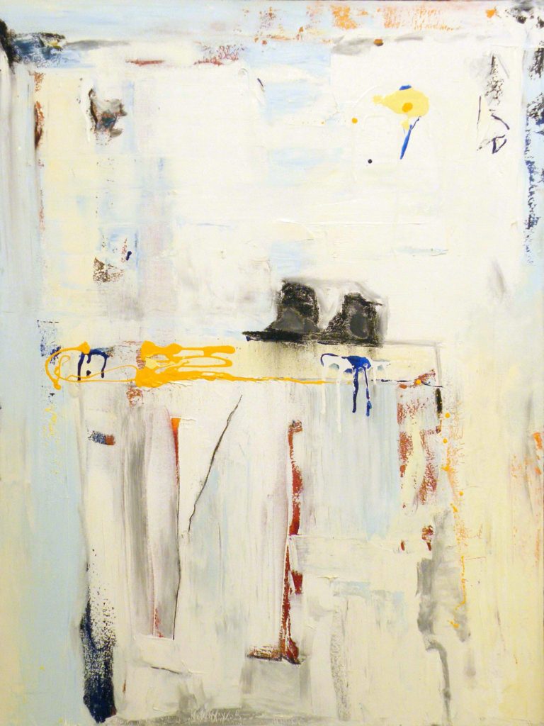 FIRST PLACE: Side Walk Story, Oil, Charcoal, Enamel on Canvas by Sarah Lapp, 48in x 36in x 1.5 (June 2013)