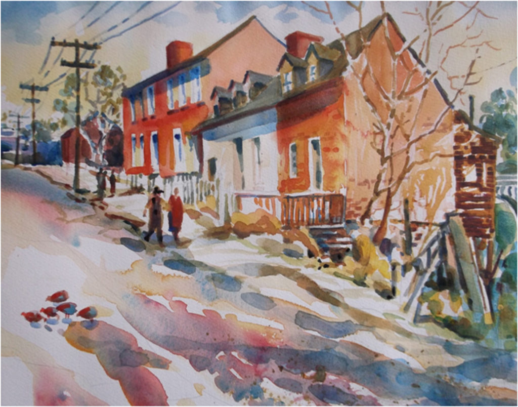 HONORABLE MENTION: Sophia Street Houses, Watercolor by Marcia Chaves, 11in x 14in, $250 (April 2018)