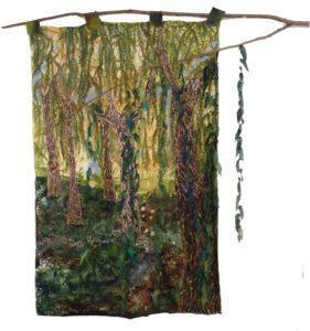 Spring Willows, Silkpainting with Mixed Media by Mary Lazar and Skeeter Scheid, 32in x 21in (August 2013)