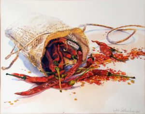 Hot Peppers, Watercolor by Lizabeth Castellano-King, 11in x 14in, $220 (July 2018)