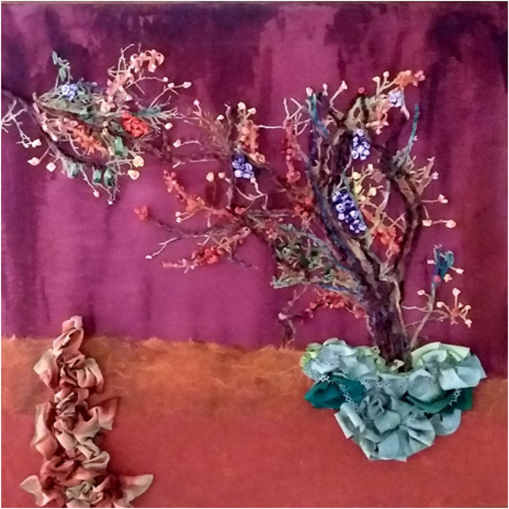 HONORABLE MENTION: Tree of Life, Acrylic and Mixed Media by Helen Burroughs, 20in x 20in, $500 (August 2018)