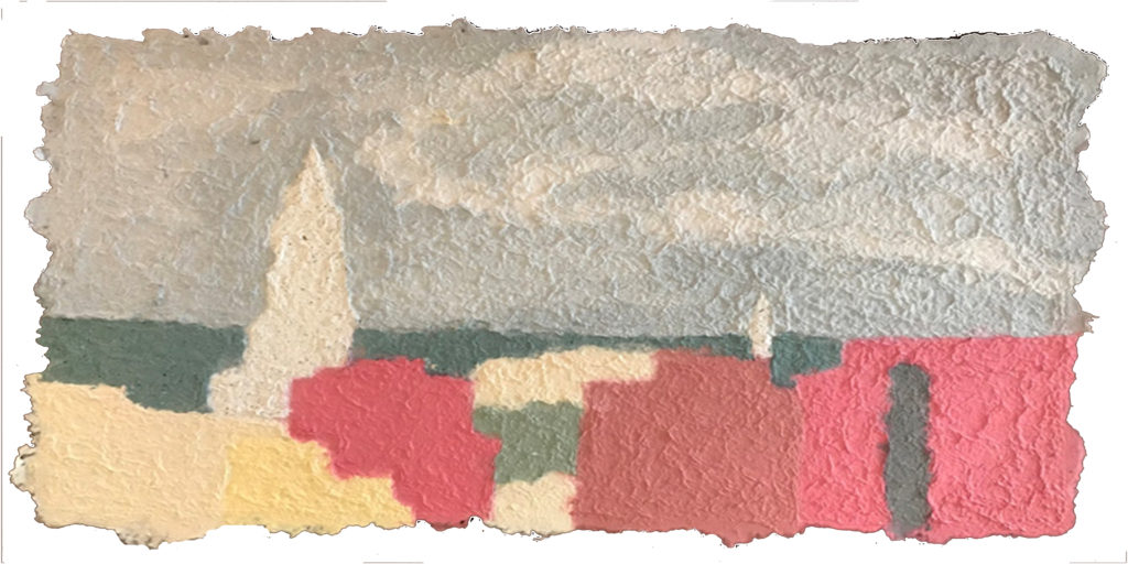 SECOND PLACE: Alexandria Skyline, Pulp Painting, Recycled Fiber, Mat Board by Jennifer Galvin, 15in x 30in, $250 (November 2018)
