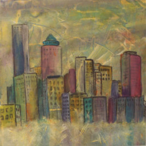 City Nights, Mixed Media by Bev Bley, 15in x 15in, $300 (May 2019)
