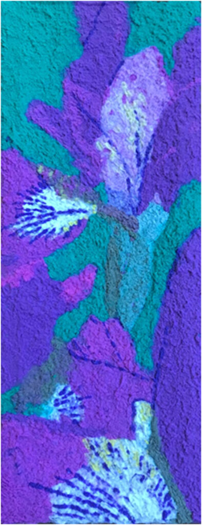 HONORABLE MENTION: Irises, Pulp Painting with recycled fiber by Jennifer Galvin, 39in x 15in, $225 (July 2019)