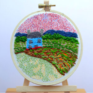 Little Blue Farm House, Texture (hand embroidery) by Mary E. Johnson-Mason, 4in x 4in, $95 (July 2019)