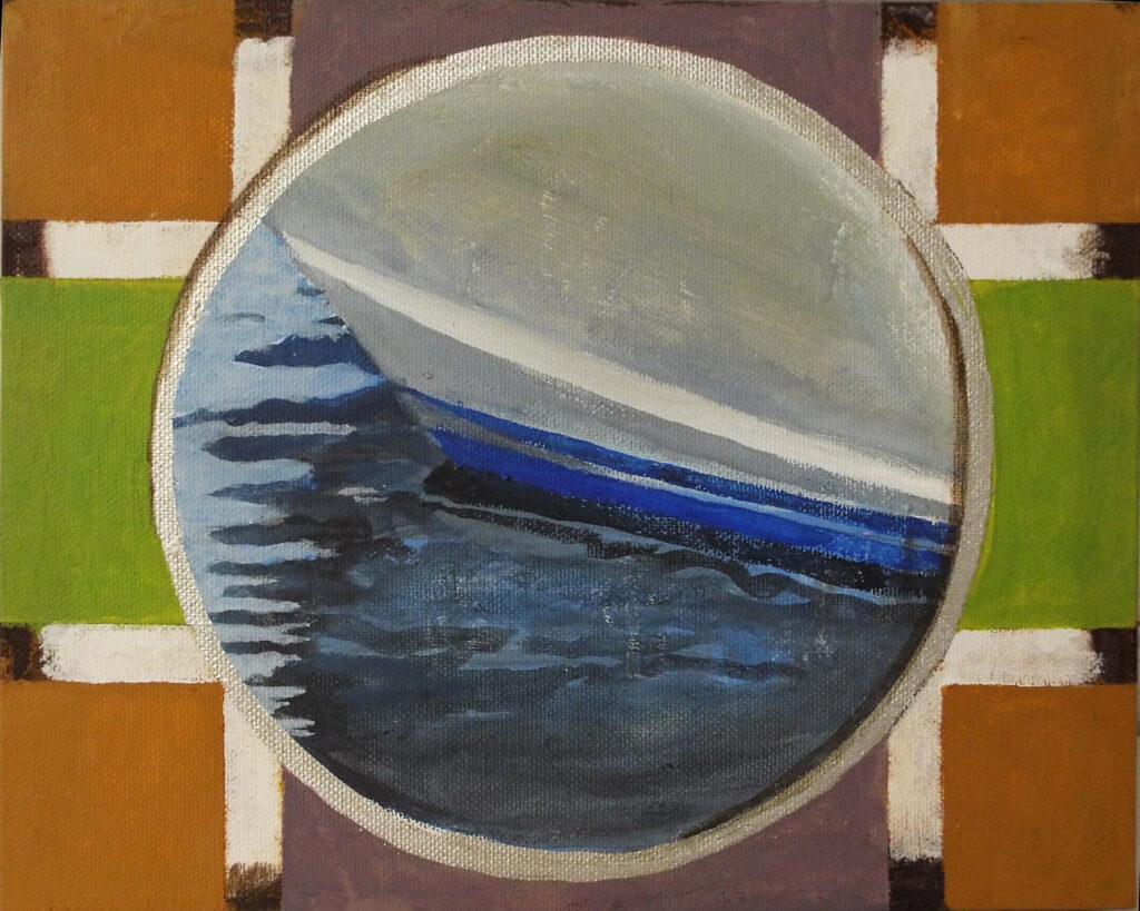 HONORABLE MENTION: Portholes 11-Boat, Mixed Media on canvas by Cathy C. Herndon, 8in x 10in, $125 (July 2019)