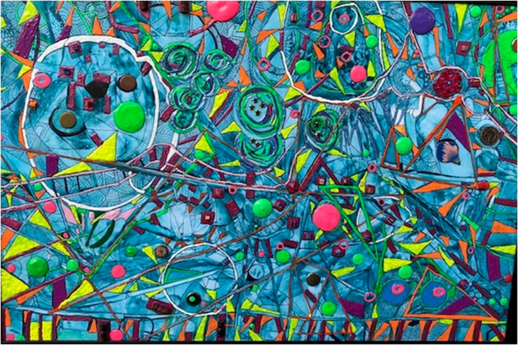HONORABLE MENTION: Eternity, Mixed Media, Melted Crayons,Acrlics, Inks by Sara Gondwe, 20in x 30in, $350 (September 2019)
