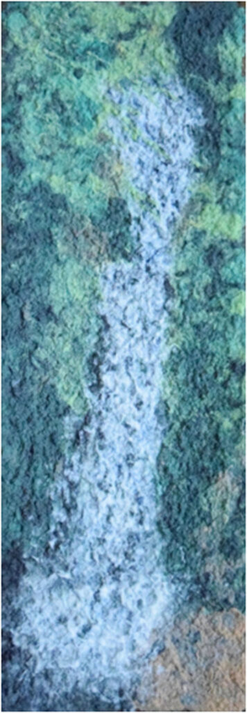 FIRST PLACE: Silvery Falls, Pulp Painting and Recycled Fibers by Jennifer Galvin, 36in x 12.5in, $265 (November 2019)