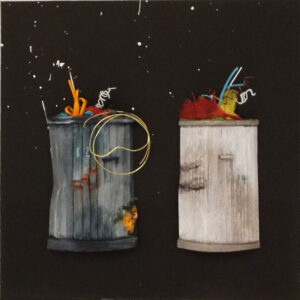 Trash Cans No. 12 & 14, Paper Construction by Katharine Owens, 11in x 11in x 2in, $245 (Dec. 2019 - Jan. 2020)