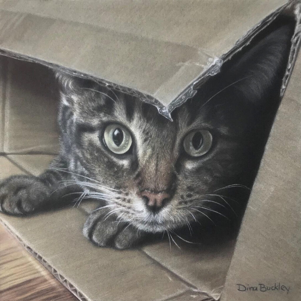 HONORABLE MENTION: Artemis in a Square Box, Colored Pencil by Dina Buckley, 10in x 10in, NFS (March 2020)