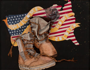 Sam's Boots, Paper Construcion by Katharine Owens, 23in x 26in, $1250 (Feb-May 2020 CBTC)