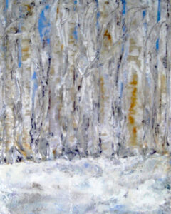 Winter Woods, Encaustic by Sally Rhone-Kubarek, 25in x 20in, $300 (Feb-May 2020 CBTC)