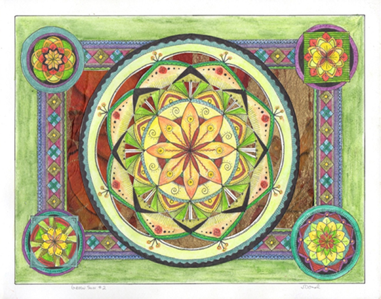 FIRST PLACE: Green Sun II, Ink, Watercolor, Pencil by Jennifer Domal (March 2014)