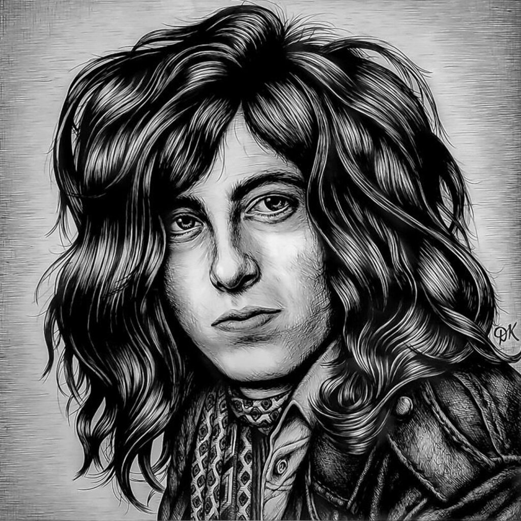 HONORABLE MENTION: Jimmy Page, Ballpoint Pen on Paper by David Kennedy, 18in x 18in, $150 (July 2020)