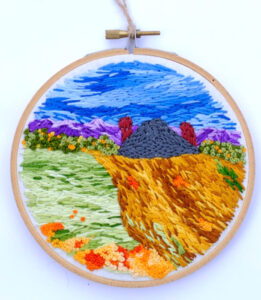 Neighbors Before Harvest, Embroidery by Mary E. Johnson-Mason, 5in x 5in, $150 (July 2020)