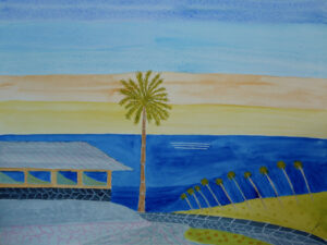 Palm Tree at Sunset, Poipu, Kaua'i, Watercolor by Bro Halff, 12in x 16in, $900 (July 2020)