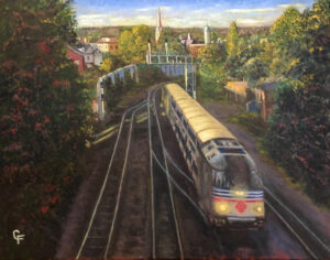 Southbound from Fredericksburg Station, Oil on Canvas by Chuck Fromer, 22in x 28in, $950 (July 2020)