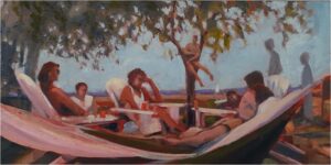 Afternoon Delight, Colonial Beach, Oil by Marcia Chaves, 12in x 24in, $325 (August 2020)