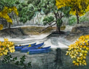 Blue Canoes, Watercolor by Taylor Cullar, $100 (Aug. 2020-Jan. 2021 CBTC)