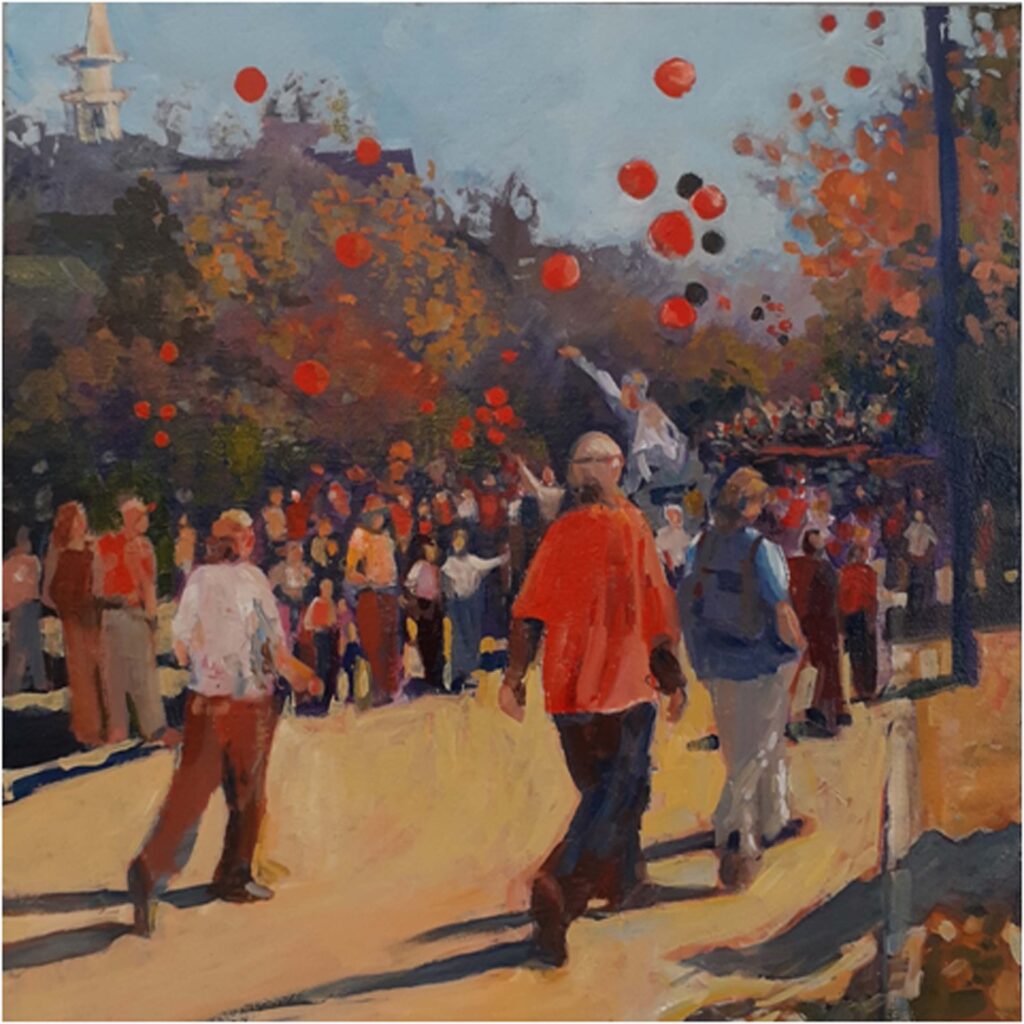 SECOND PLACE: Homecoming on the Avenue, Oil by Marcia Chaves, 20in x 20in, $385 (August 2020)