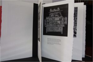 Papa Will's Miniature Village, Artist's Book-Wood Engravings-Letterpress-9 pages by Pamela Harris Lawton, 15in x 11in x .5in, $500 (August 2020)