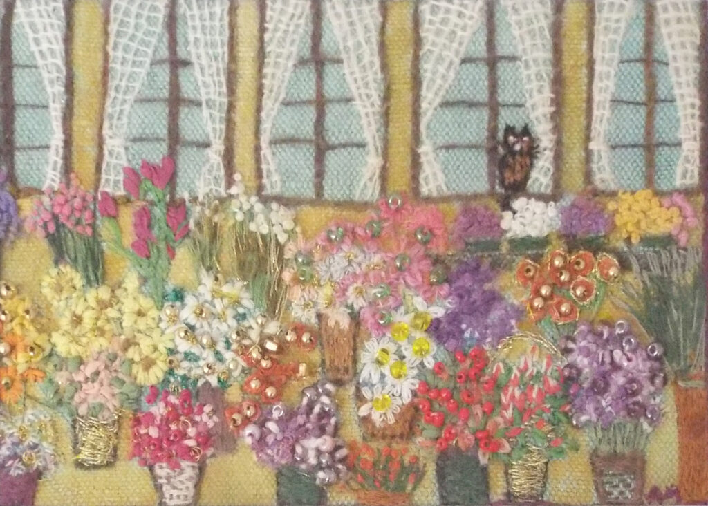 HONORABLE MENTION: Marché aux Fleurs Provençal, Needle Painting by Anne McCahill, 5in x 7in, $200 (September 2020)