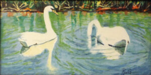 Swans, Acrylic on Panel by Roxana Genovese, 8in x 16in, $175 (September 2020)
