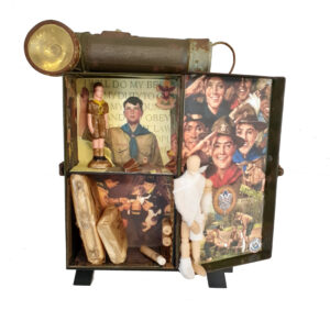 Be Prepared, Assemblage-altered first aid kit by Kathleen King Mullins, 7in x 12in x 2in, $90 (October 2020)