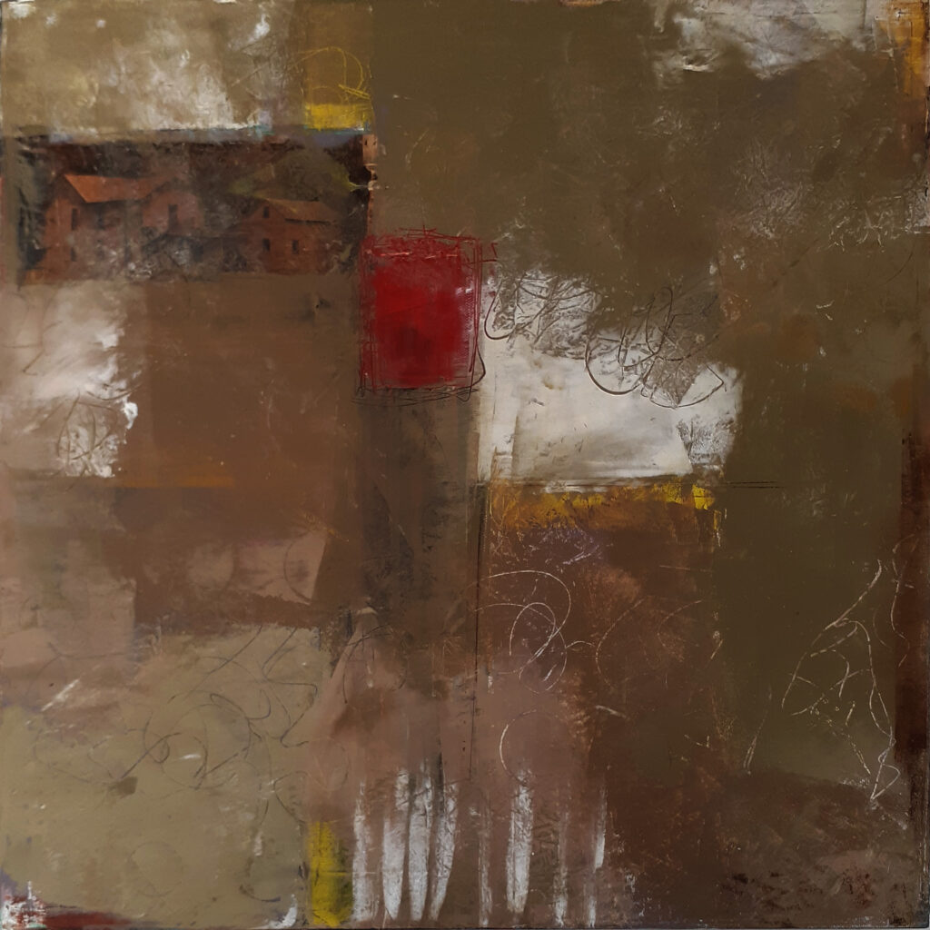THIRD PLACE: Homestead, Cold Wax-Oil & Collage by Bob Worthy, 18in x 18in, $350 (October 2020)