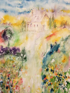 The Church on the Hill, Watercolor by Mary Peterman, 24in x 18in, $450 (October 2020)