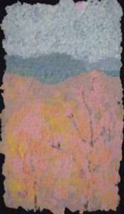 When the Blue Ridge Turns Gold, Pulp Painting-Recycled Jeans-Mat Board by Jennifer Glavin, 24in x 14in, $300 (October 2020)
