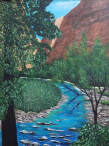 Zion River Walk, Acrylic by Jane Cariker, 16in x 12in, $400 (October 2020)