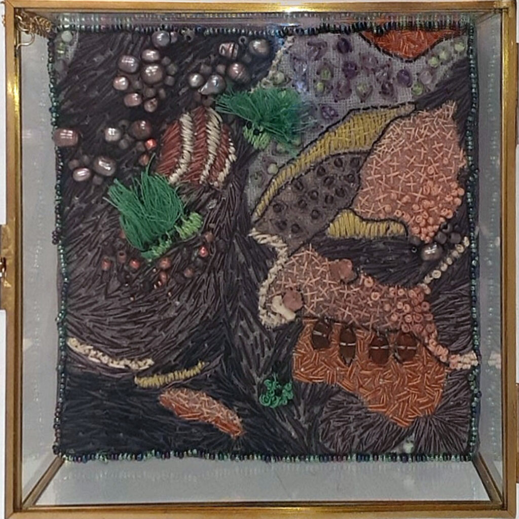 HONORABLE MENTION: Derivative #1- Embroidered Collage, Embroidery in Glass Box by Christine E. Long, 6.5in x 6.5in x 3in, $550 (November 2020)