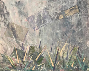 Lost in the Fog, Mixed Media Collage- Coldwax and Oil by Elizabeth Shumate, 16in x 20in, $425 (November 2020)