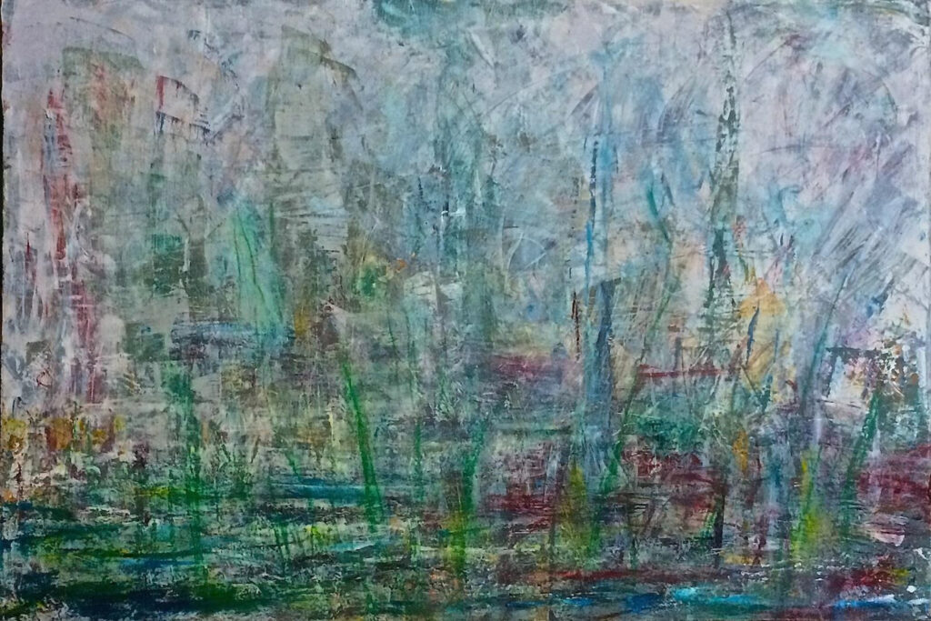 HONORABLE MENTION: Mountain Fog, Cold Wax and Oil on Canvas by Elizabeth Shumate, 20in x 30in, $775 (November 2020)